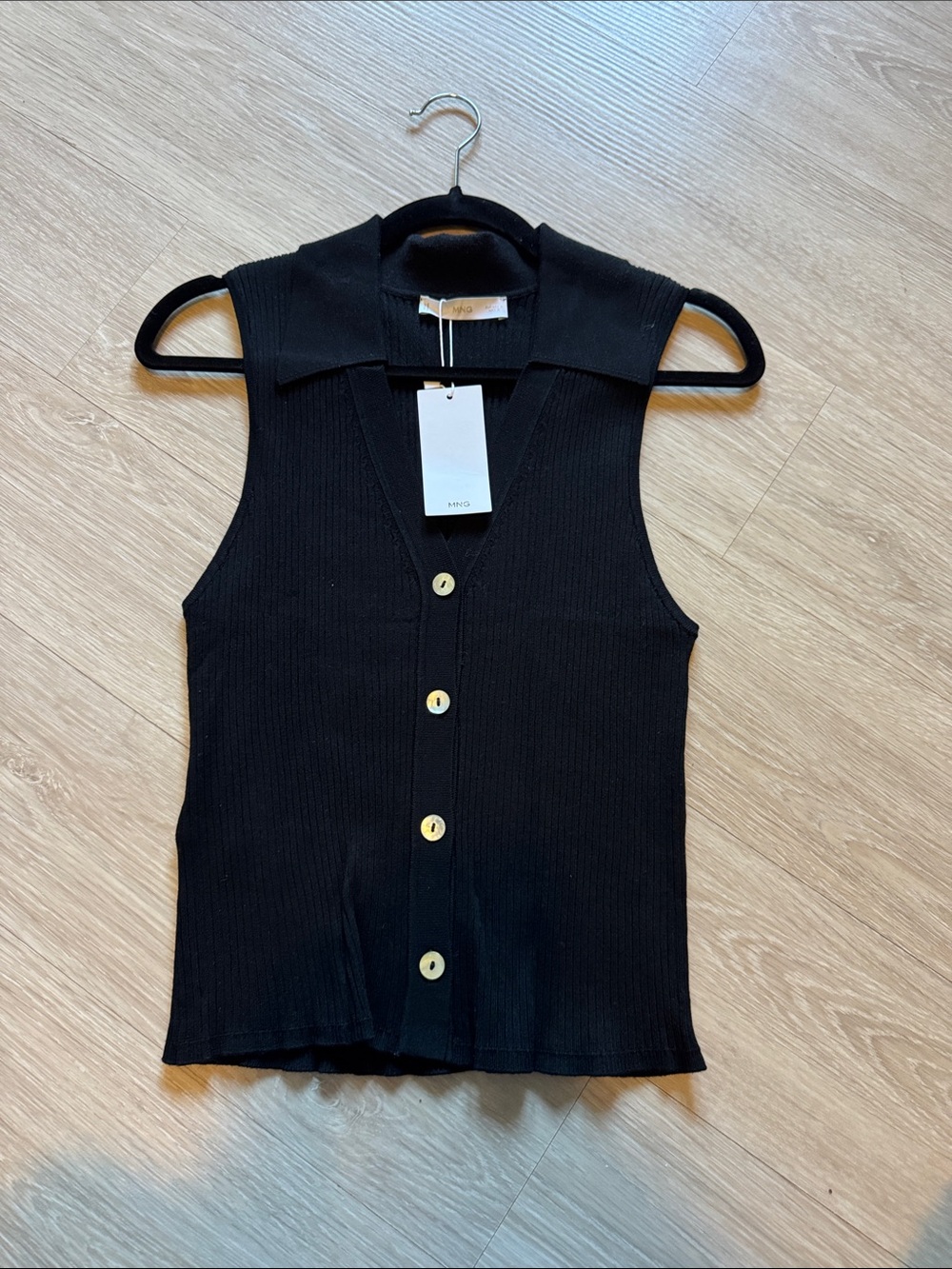 Mango Black Ribbed Collared Button Tank